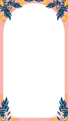 Tropical arch frame is appearing in flat design with pink border, banana foliage, dots, transparent
