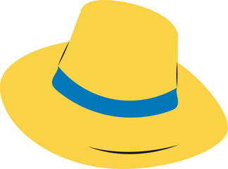 Yellow fedora hat is floating on transparent background in vector style, showing blue ribbon band