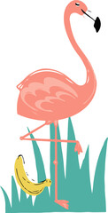 Flat pink flamingo is balancing on one leg with yellow banana in teal grass transparent background