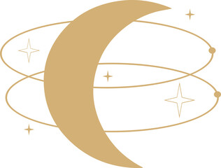 Naklejka premium Golden crescent moon orbiting rings, hovering orbs and stars in flat icon, transparent, copy space