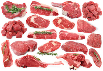 Pieces of raw beef meat and spices isolated on white, collage