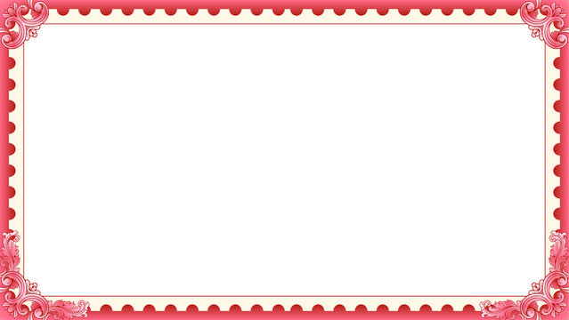 Fototapeta Vector showing red-pink scalloped frame with floral scrolls on transparent background copy space