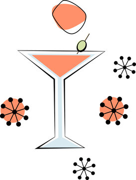 Naklejki Depicting minimalist cocktail glass with orange drink and olive amid abstract shapes, transparent