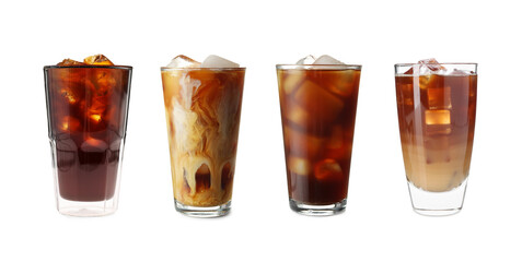 Refreshing iced coffee drinks in different glasses isolated on white, set