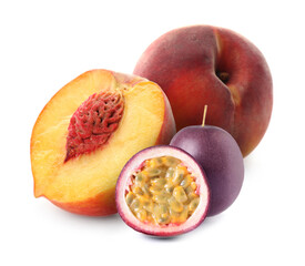 Tasty ripe passion and peach fruits on white background