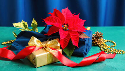 Festive Christmas scene featuring beautifully wrapped gifts adorned with vibrant red poinsettia, surrounded by decorative elements like beads and ribbons, creating joyful atmosphere