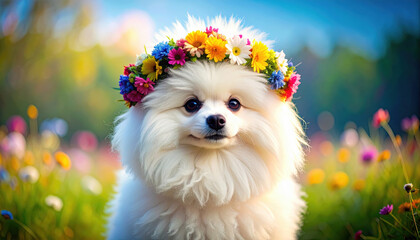 Fluffy white pom pom dog adorned with delicate wreath of vibrant flowers stands majestically in colorful field, radiating joy and charm