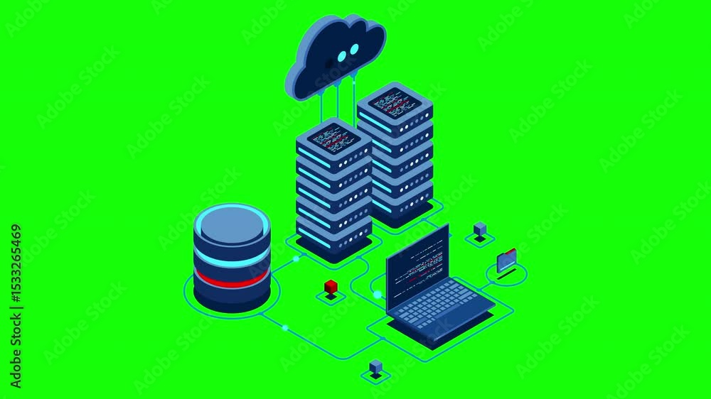 Fototapete Cloud technology computing animation. Modern cloud technology. Data center isometric concept. Isometric cloud technology with datacenter. Web hosting concept. 4K video animated in isometric style
