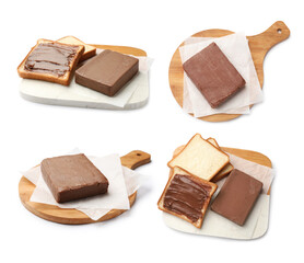 Chocolate butter blocks isolated on white, set