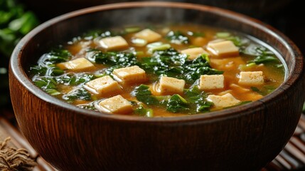 Miso Soup with Tofu and Greens in Wooden Bowl