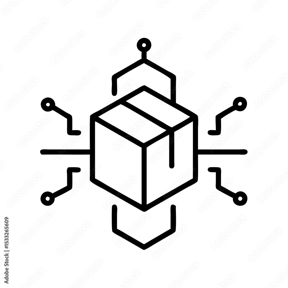 Poster abstract outline icon of a package with digital circuitry design