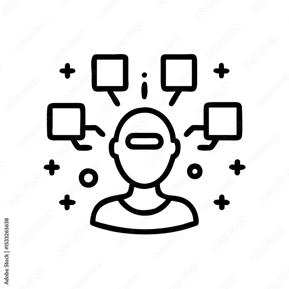 Poster outline icon depicting an ai agent with humanoid form and speech bubbles