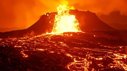 Dramatic volcanic eruption spewing lava and ash with molten rock flowing from the crater - Powered by Adobe