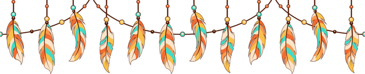 Naklejka premium Decorative feather garland is hanging flat style with feathers and beads on transparent background