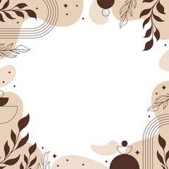 Abstract frame is showing flat design leaves, arcs, sparkles on transparent background, copy space