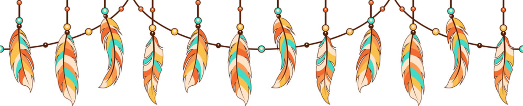 Fototapeta Decorative feather garland is hanging flat style with feathers and beads on transparent background