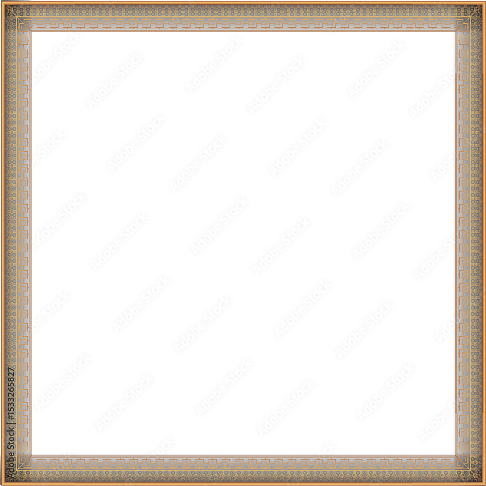 Poster flat design frame is showing greek key pattern, gold fillets, rosettes on transparent background