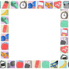 Flat fitness and nutrition frame showing vector icons around empty panel, transparent background