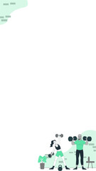 Workout partners are lifting dumbbells beside kettlebell flat design clear background, copy space