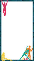 Flat design border on transparent featuring figures exercising with dumbbell and bottle, copy space