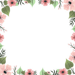 Square floral watercolor border is showcasing pink blossoms green foliage, transparent background