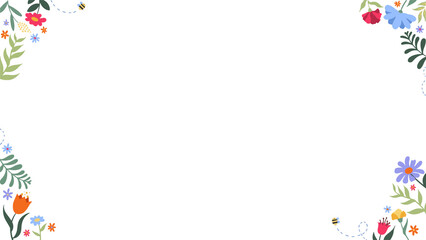 Flat decorative floral border frame is showing blossoms and flying bees on transparent background