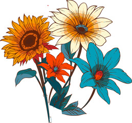 Sunflower daisy lily and teal-blue bloom are being shown in flat vector on transparent background