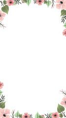 Showing floral border with watercolor pink blossoms and foliage, transparent background, copy space
