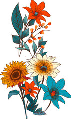Vector art is showing sunflower, colorful daisies, foliage on transparent backdrop