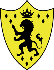 Heraldic emblem is showing lion rampant on yellow shield with black crown, diamonds, transparent bg