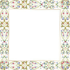 Showing nouveau border with gold filigree, red blue floral accents on clear background, copy space