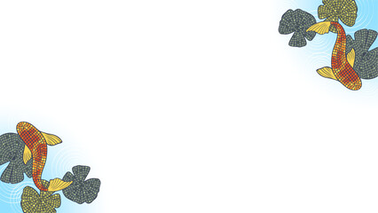 Flat mosaic koi fish are swimming in water ripples with green lily pads on transparent background