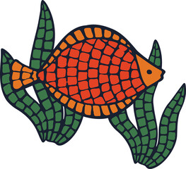 Mosaic-patterned fish is swimming among green seaweed fronds in flat design, transparent background