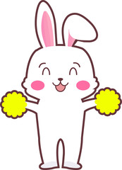 Cartoon bunny is cheering with bright yellow pom-poms in flat design with transparent background
