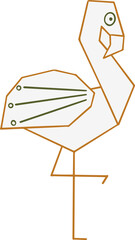 Showing geometric bird standing on transparent background, using ochre outline, olive green accents