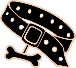 Flat design is showing dog collar with holes, metal buckle, bone tag on transparent background