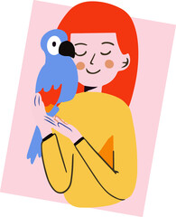 Red-haired woman is cradling blue-red parrot in flat design with pink panel on transparent backdrop
