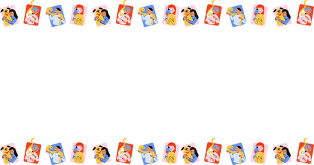 Vector border is showing hugging couples, flexing arm, phone, baby, transparent center, copy space