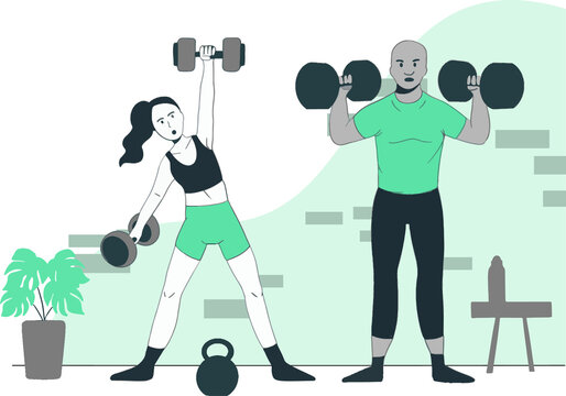 Fototapeta Fitness duo lifting free weights in flat artwork with plant, stool, bottle, transparent background