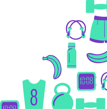 Fototapeta Showing two-tone icons on transparent background, jump rope, nutrition, weights, timer 10:08, bib8