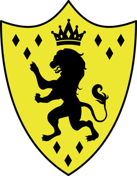 Heraldic emblem is showing lion rampant on yellow shield with black crown, diamonds, transparent bg
