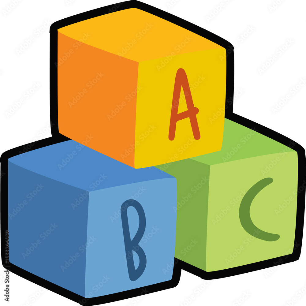 Poster three colorful abc blocks are stacking in flat design with bold outlines, transparent background