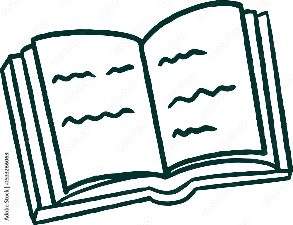 Poster stylized line illustration is showing open book with wavy text lines on transparent background