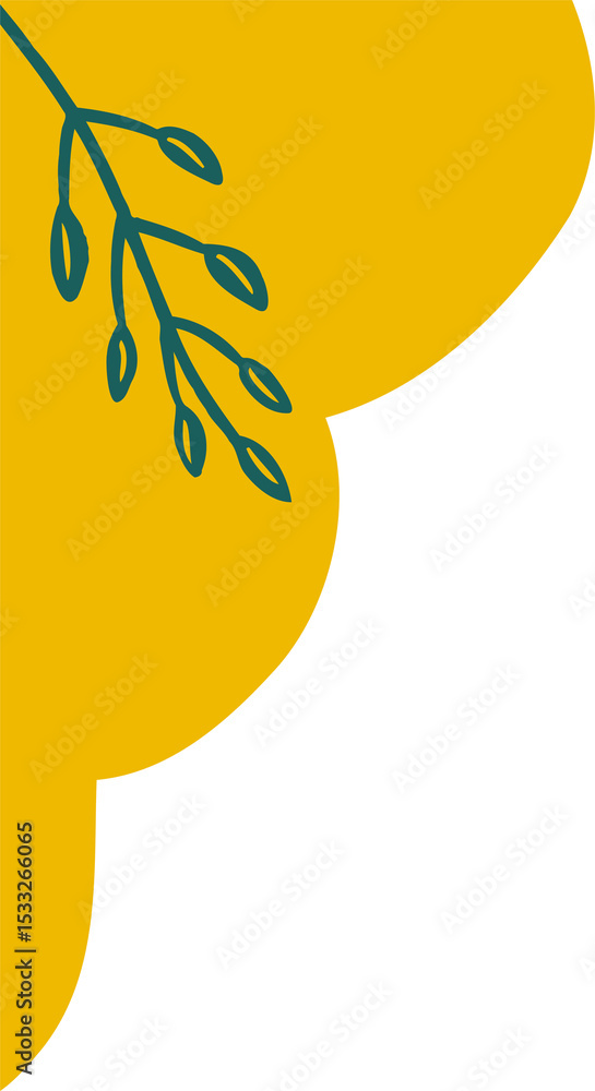 Poster mustard lobed shape featuring dark teal branch is floating on transparent backdrop in flat vector