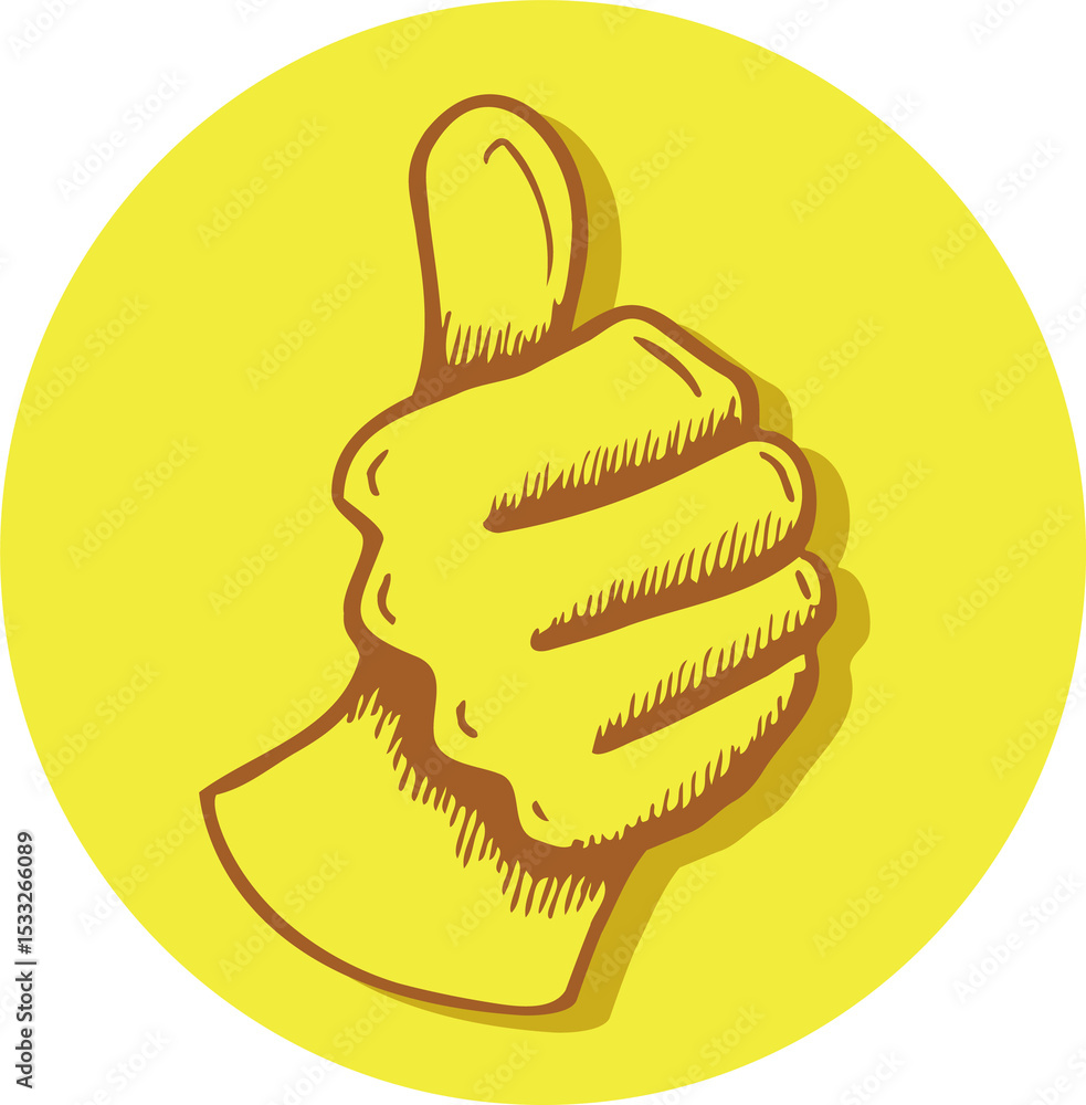 Poster flat vector hand is giving thumbs-up in yellow badge on transparent background with hatch shading