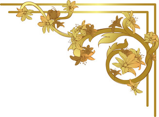 Displaying gold corner decor in flat with stylized lilies, curling vines on transparent background