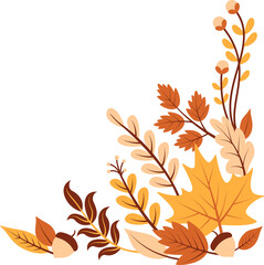 Fototapeta premium Fall leaves, oak leaf shapes and acorns being shown in flat design, on transparent background