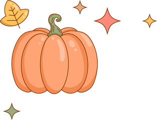 Cartoon showing orange pumpkin with green stem, autumn leaf and pastel sparkles on clear background
