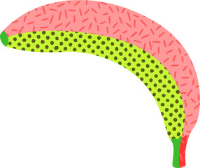 Stylized curved shape is floating in flat design with pink-dash green-dot on transparent background