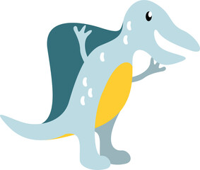 Cartoon dinosaur is waving in flat design with light blue body, yellow underbelly on transparent bg